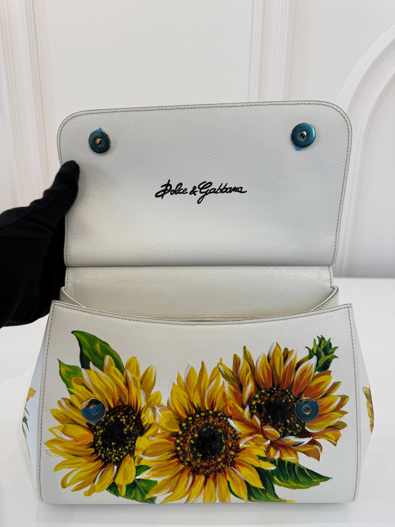 Dolce Gabbana White Sunflower Print Medium Miss Sicily Top Handle Bag