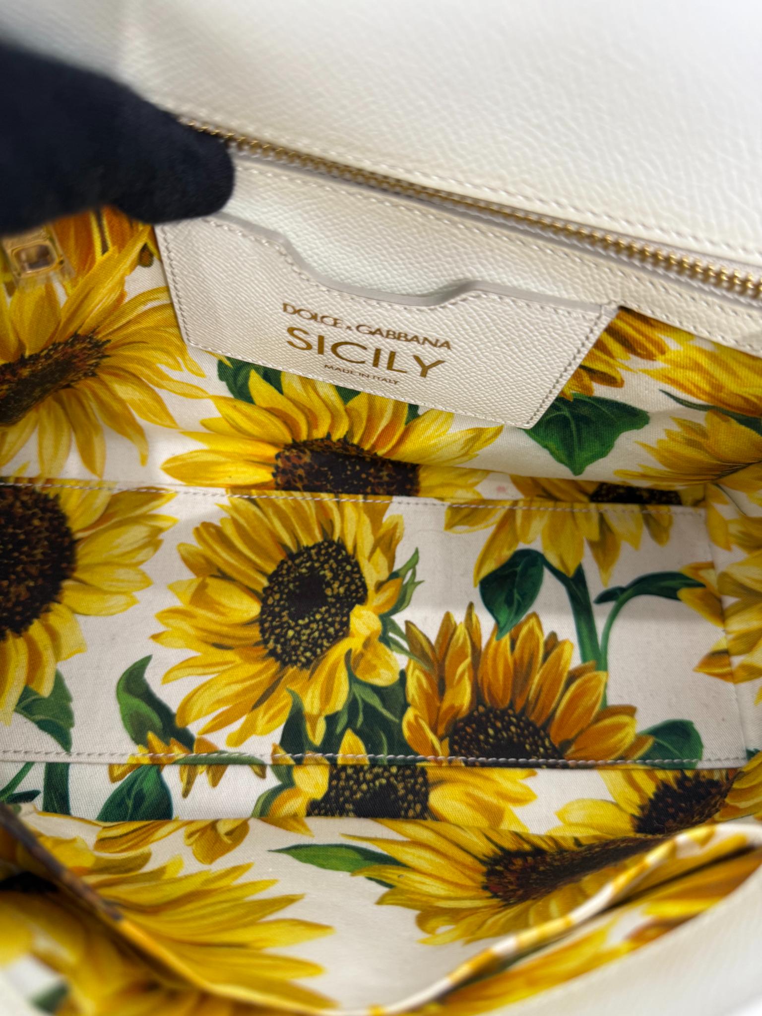 Dolce Gabbana White Sunflower Print Medium Miss Sicily Top Handle Bag