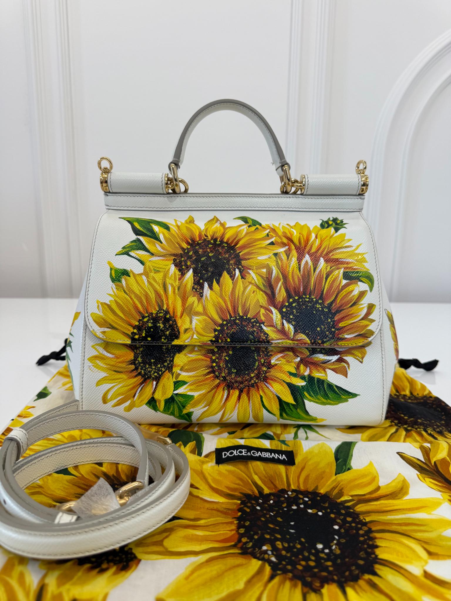 Dolce Gabbana White Sunflower Print Medium Miss Sicily Top Handle Bag