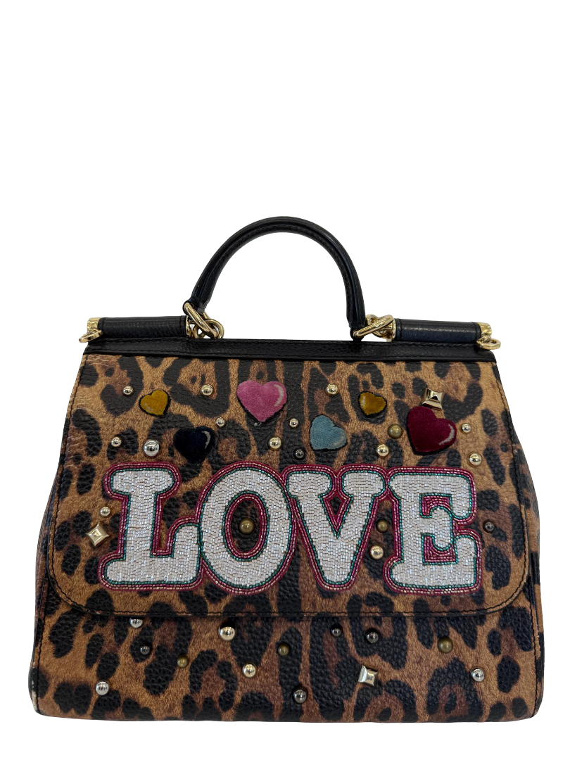Dolce Gabbana Medium Miss Sicily Leopard Print LOVE Embellished
