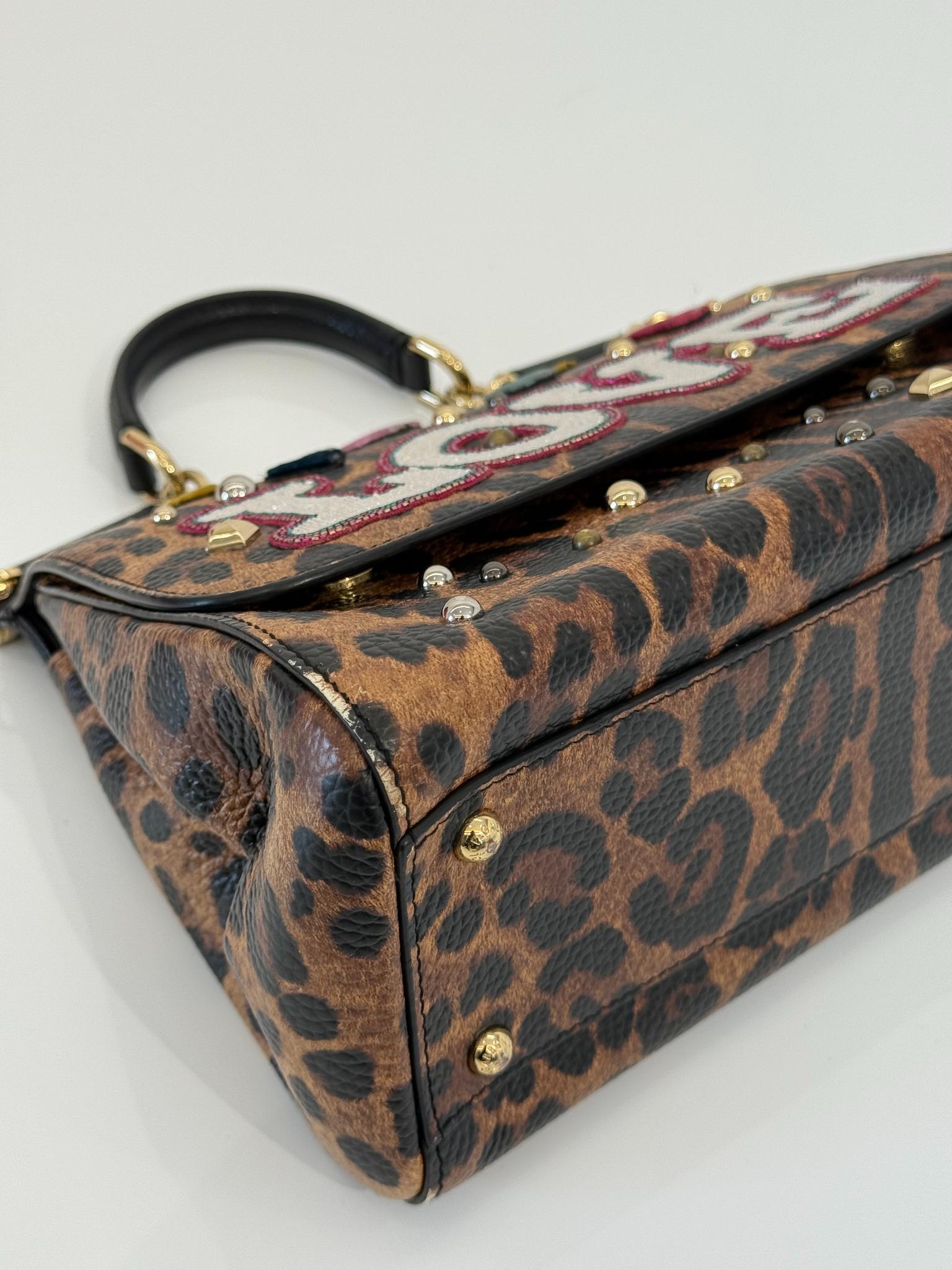 Dolce Gabbana Medium Miss Sicily Leopard Print LOVE Embellished