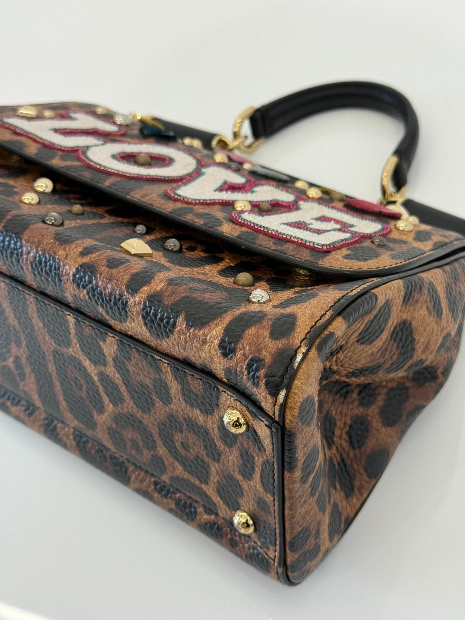 Dolce Gabbana Medium Miss Sicily Leopard Print LOVE Embellished