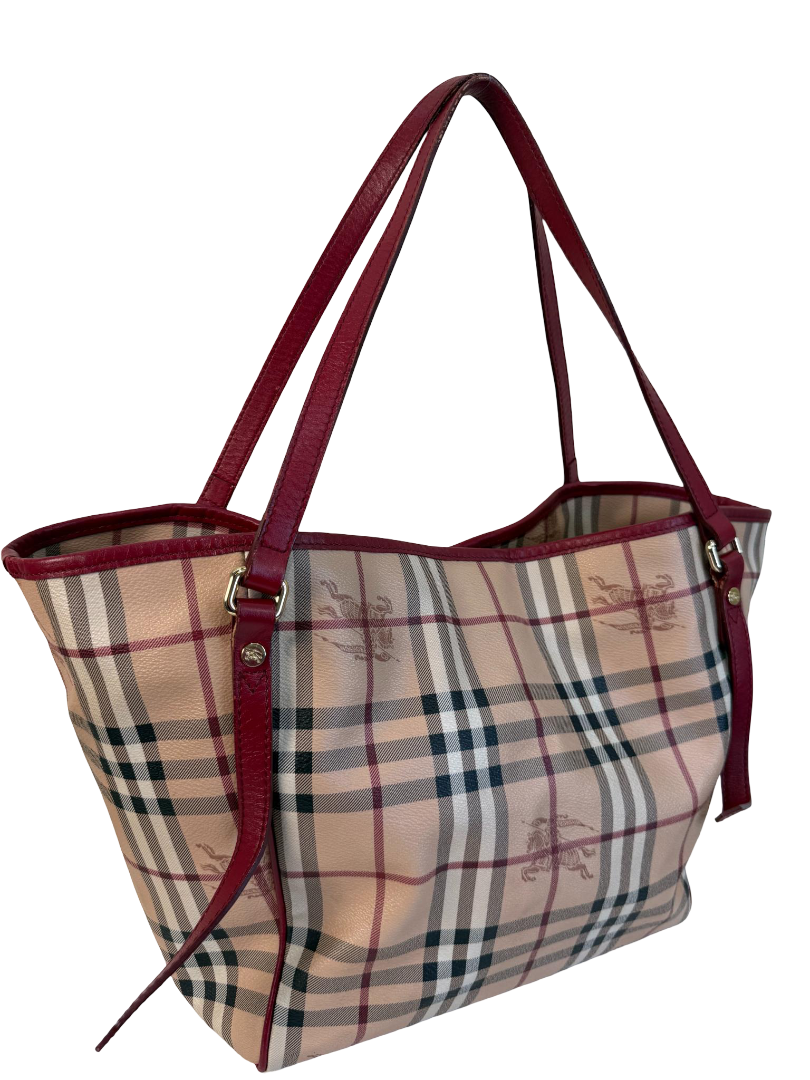 Burberry Red Leather Haymarket Check Coated Canvas Canterbury Tote Bag
