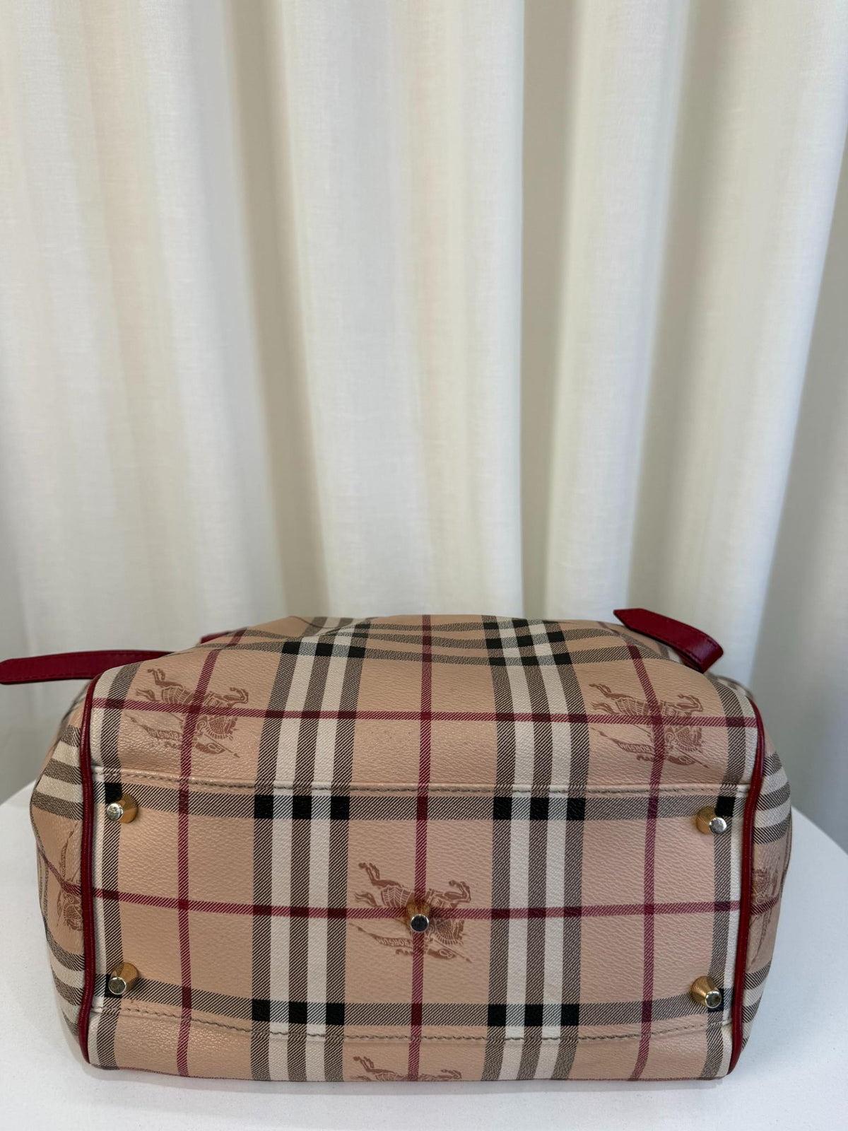 Burberry Red Leather Haymarket Check Coated Canvas Canterbury Tote Bag