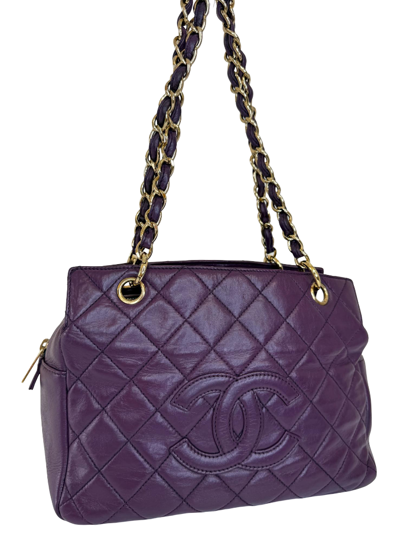 Chanel Purple Quilted Lambskin Leather Petite Shopping Bag