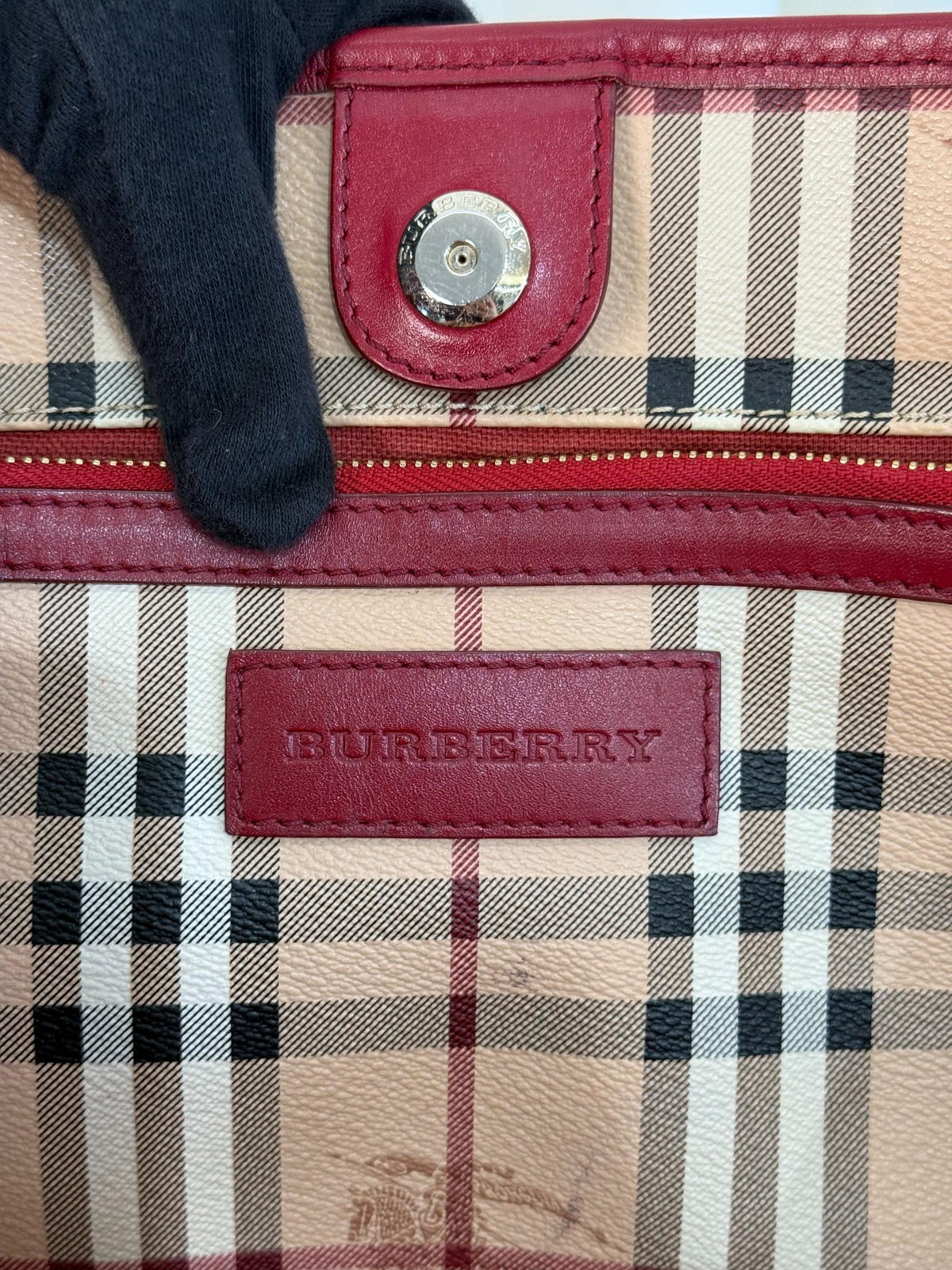 Burberry Red Leather Haymarket Check Coated Canvas Canterbury Tote Bag