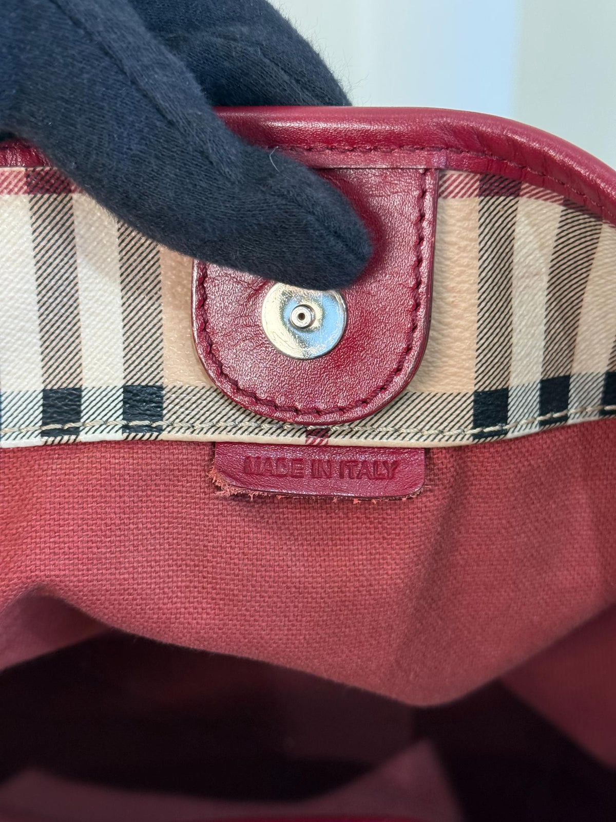 Burberry Red Leather Haymarket Check Coated Canvas Canterbury Tote Bag