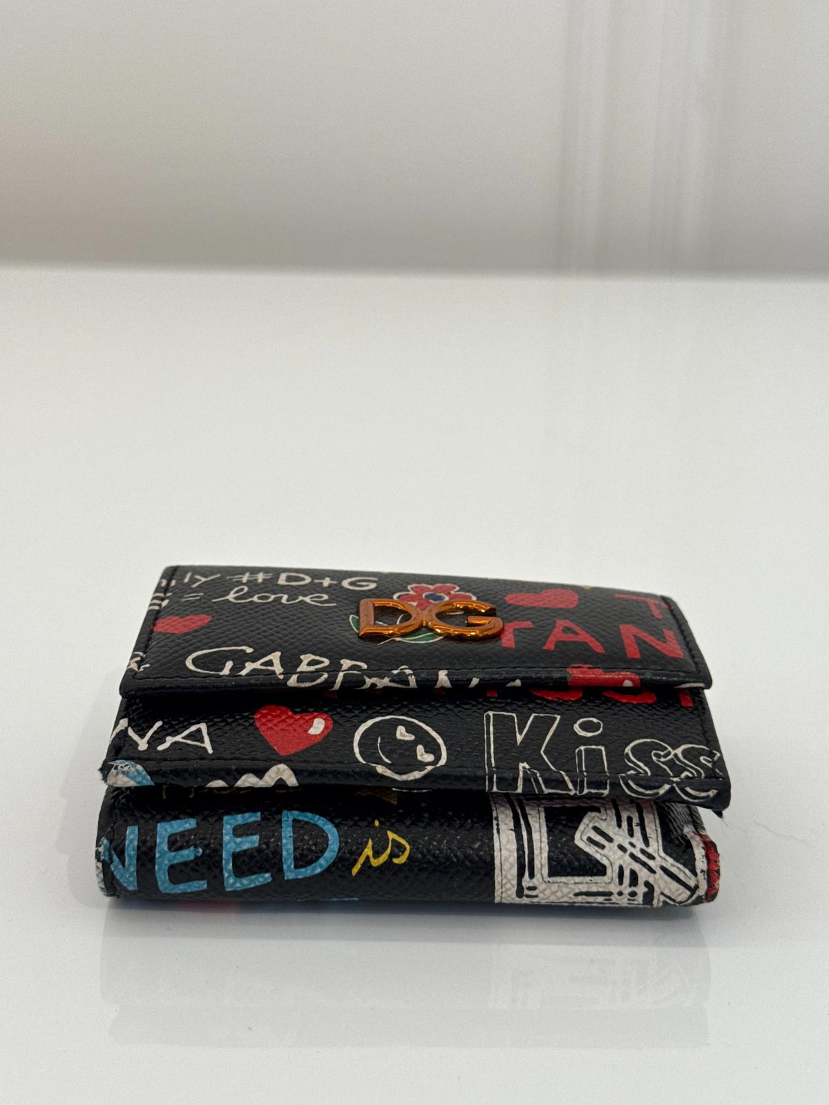 Dolce Gabbana Black Graffiti-print Leather Tri-fold Wallet