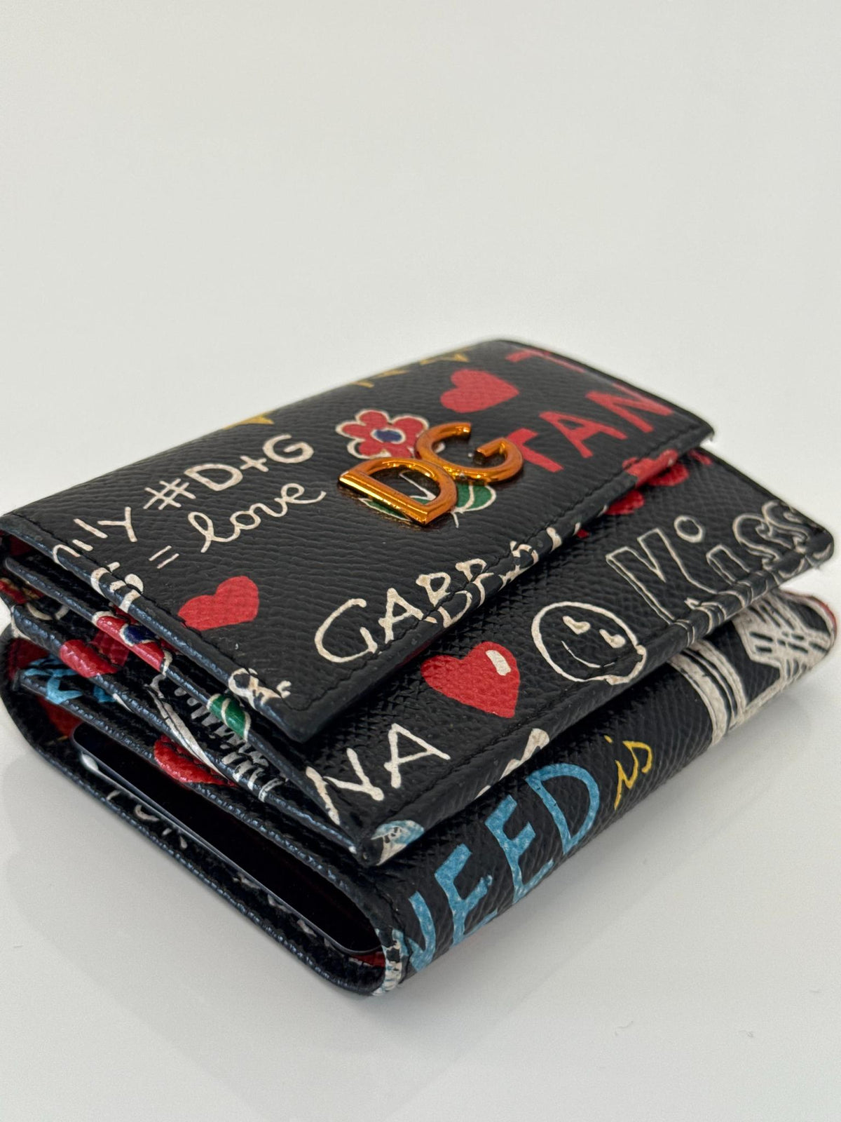 Dolce Gabbana Black Graffiti-print Leather Tri-fold Wallet