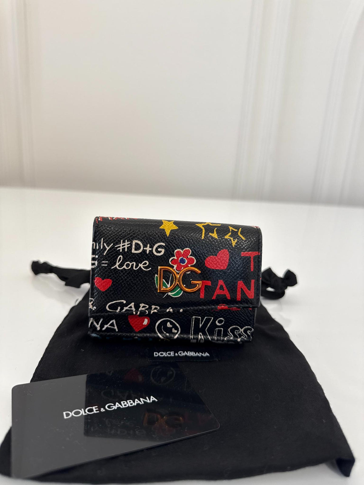 Dolce Gabbana Black Graffiti-print Leather Tri-fold Wallet