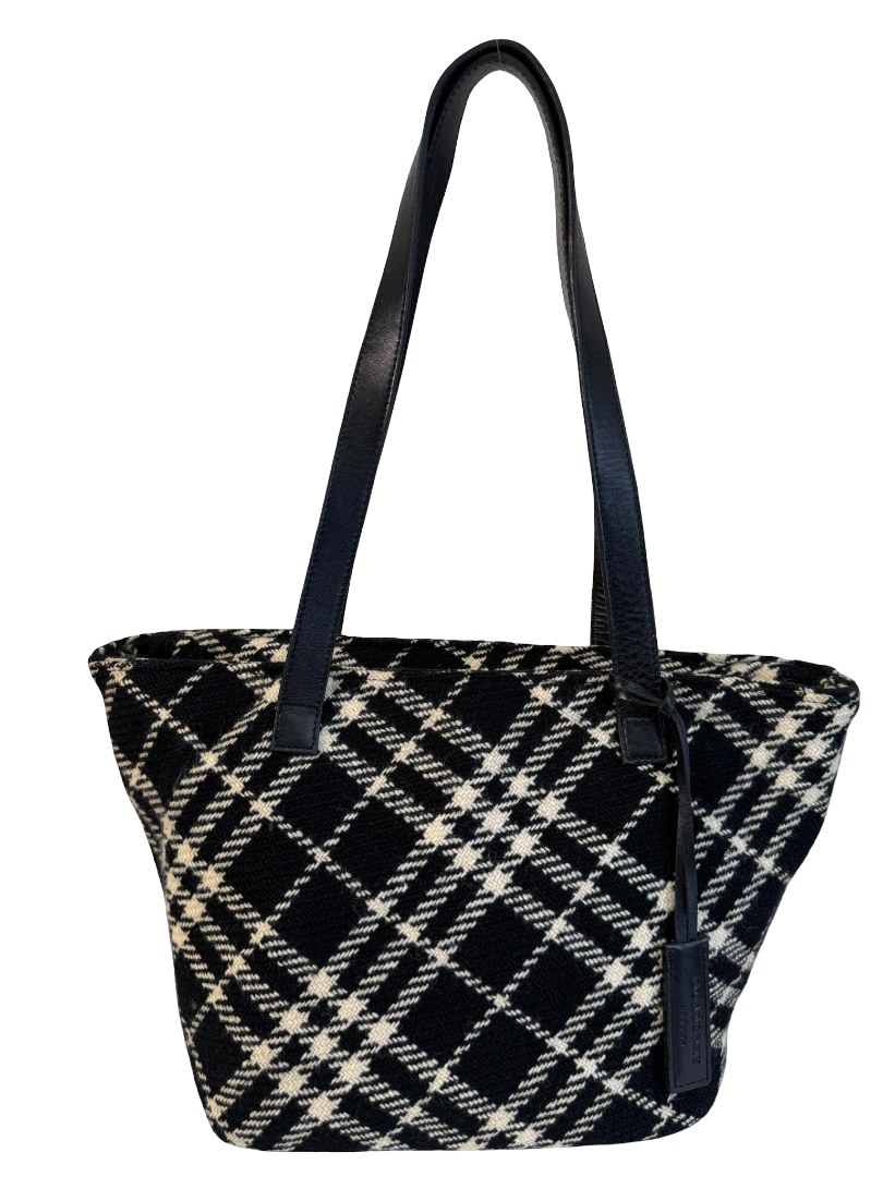 Burberry Black/White Plaid Wool Mini Tote Bag