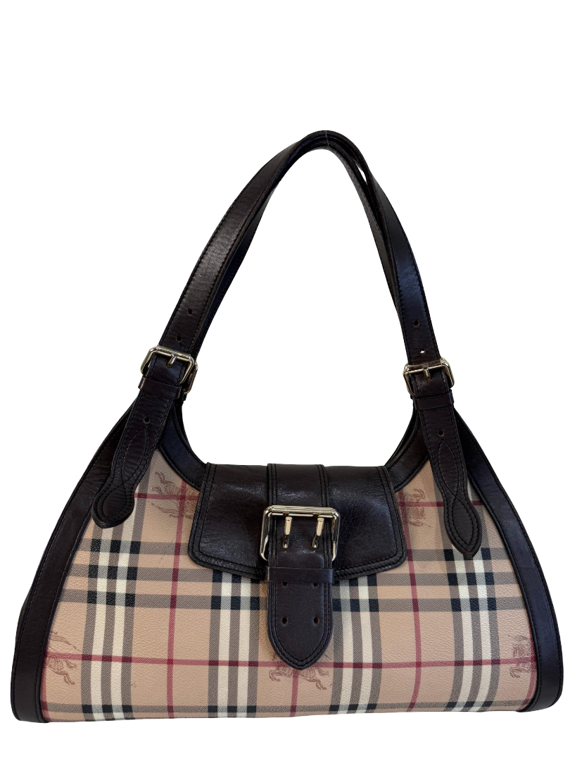 Burberry Beige/Brown Haymarket Check Coated Canvas and Leather Tassel Shoulder Bag