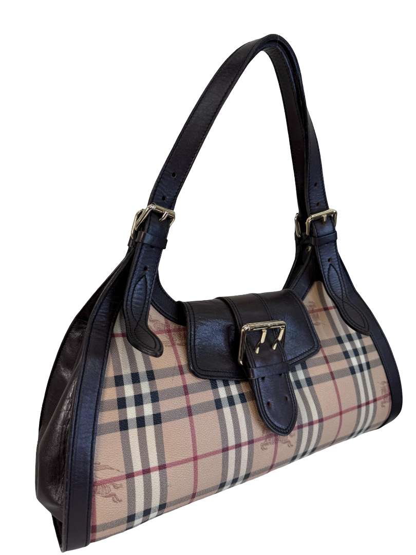 Burberry Beige/Brown Haymarket Check Coated Canvas and Leather Tassel Shoulder Bag