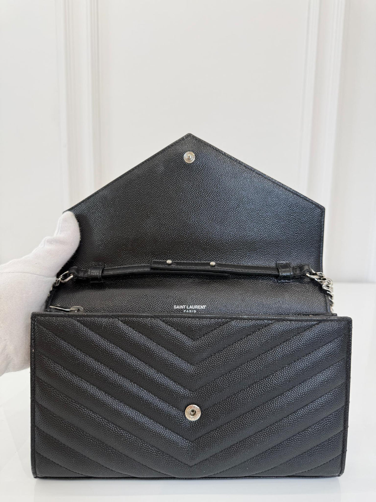 Saint Laurent Cassandre Envelope Black Grain De Poudre Leather Wallet on Chain