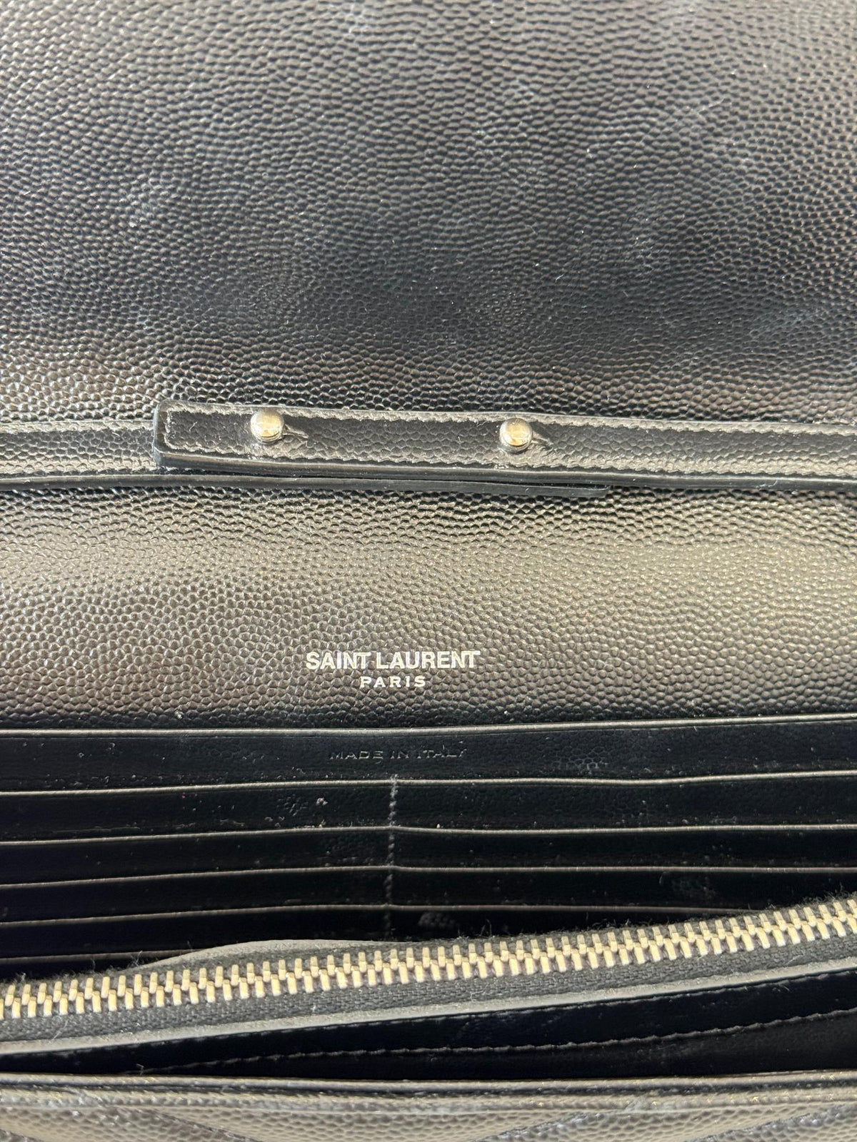 Saint Laurent Cassandre Envelope Black Grain De Poudre Leather Wallet on Chain