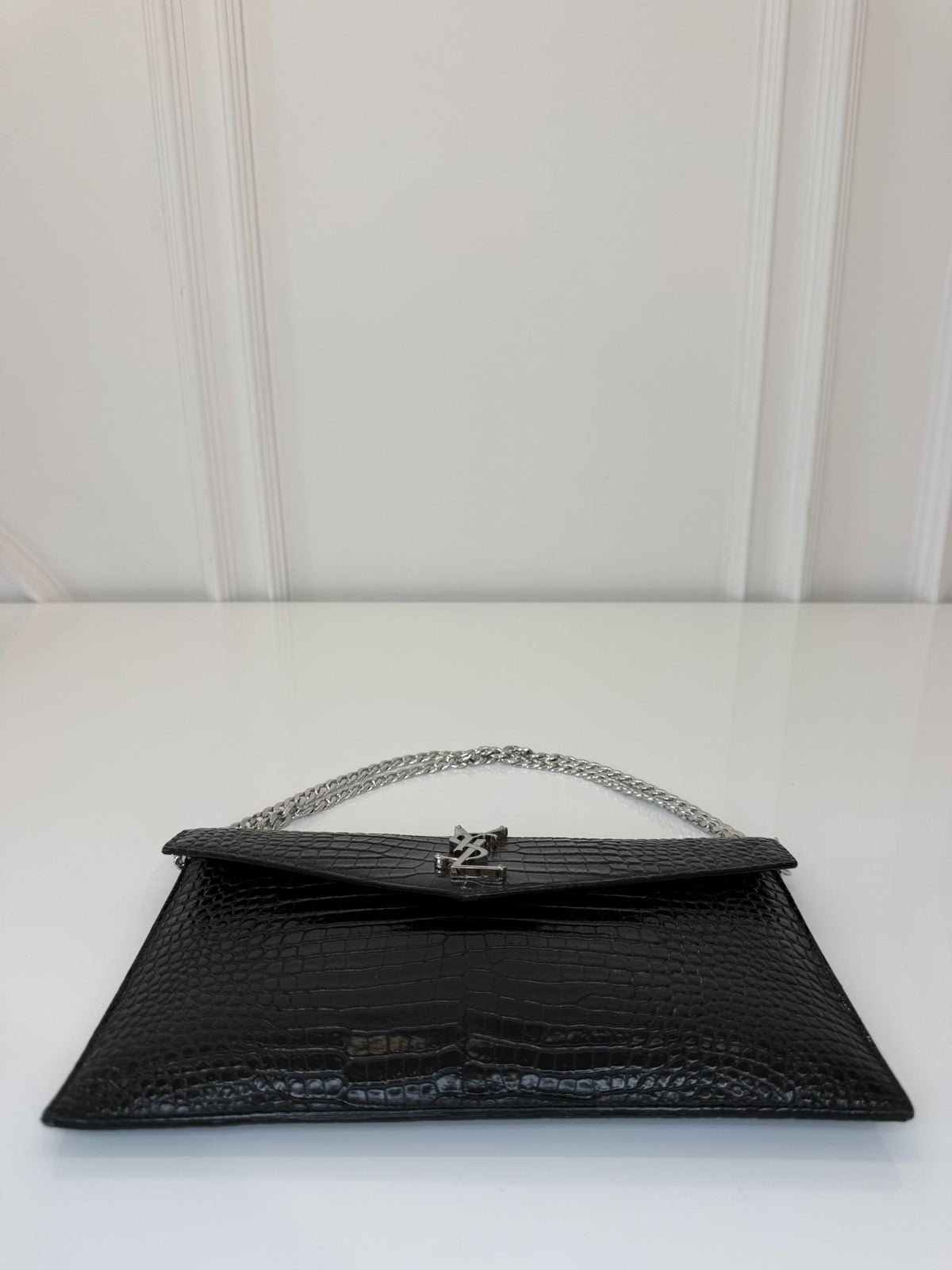 Saint Laurent Black Croc Embossed Leather Medium Uptown Pouch