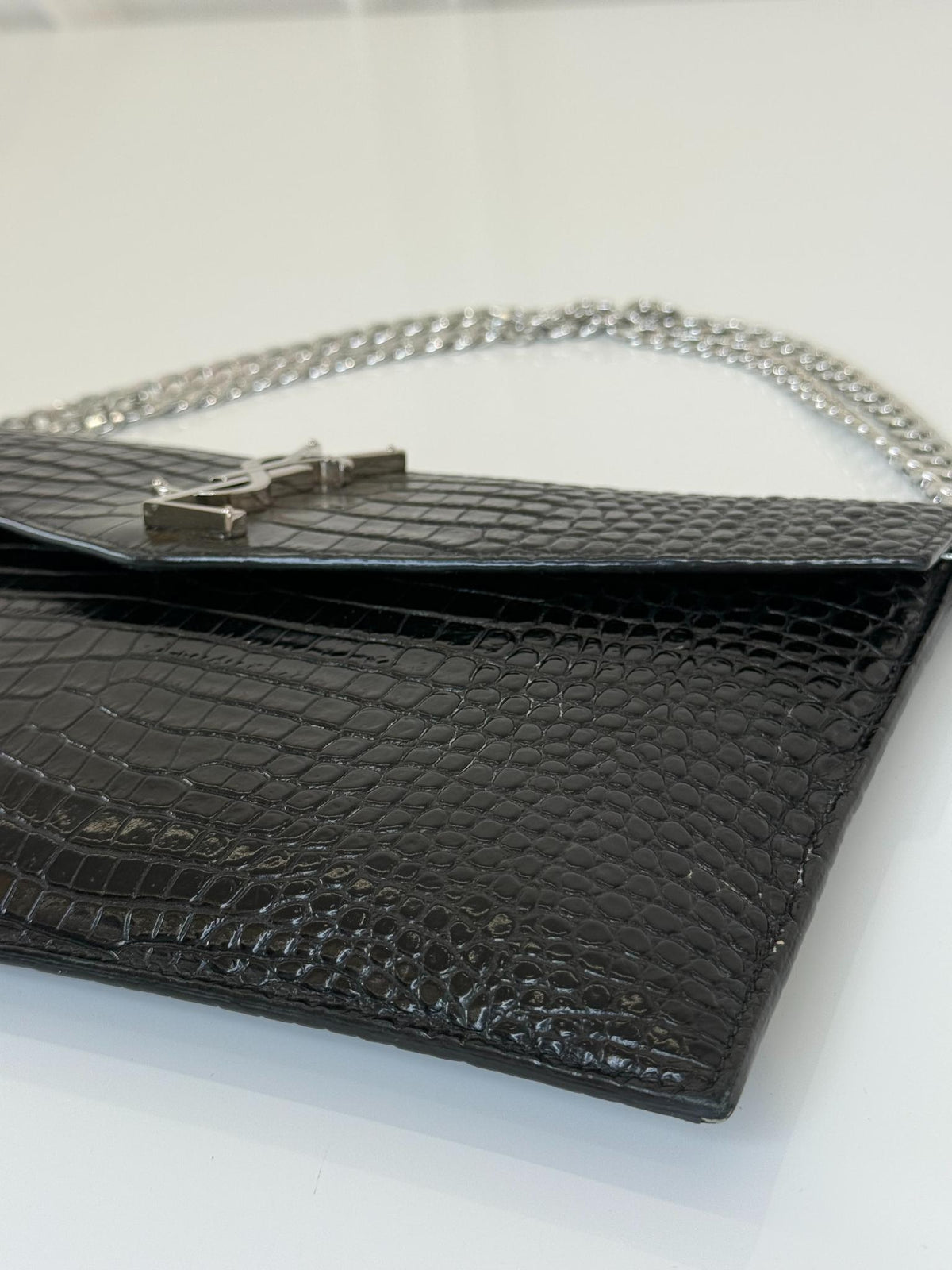 Saint Laurent Black Croc Embossed Leather Medium Uptown Pouch