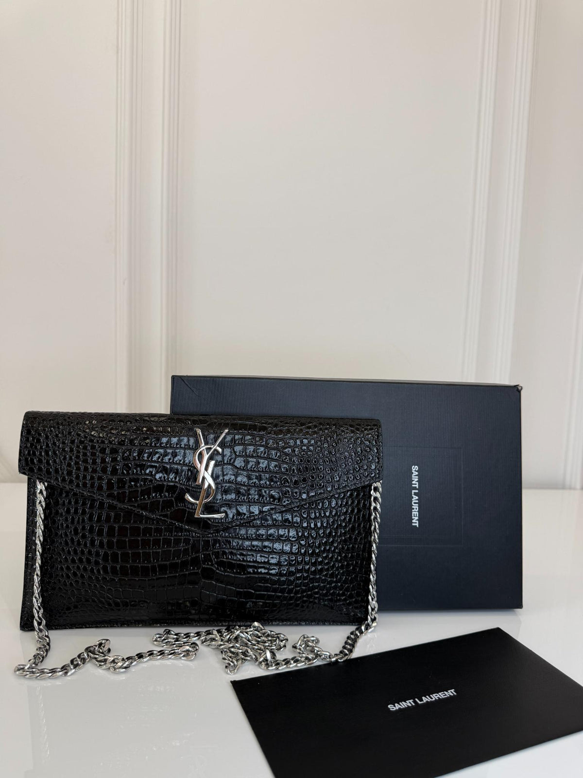 Saint Laurent Black Croc Embossed Leather Medium Uptown Pouch