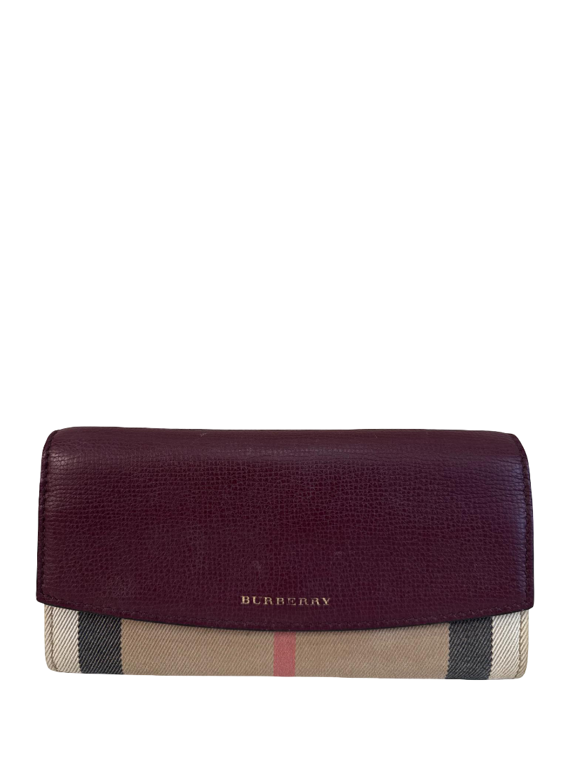 Burberry Burgundy Leather/Beige House Check Porter Continental Wallet