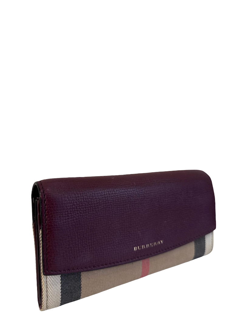 Burberry Burgundy Leather/Beige House Check Porter Continental Wallet