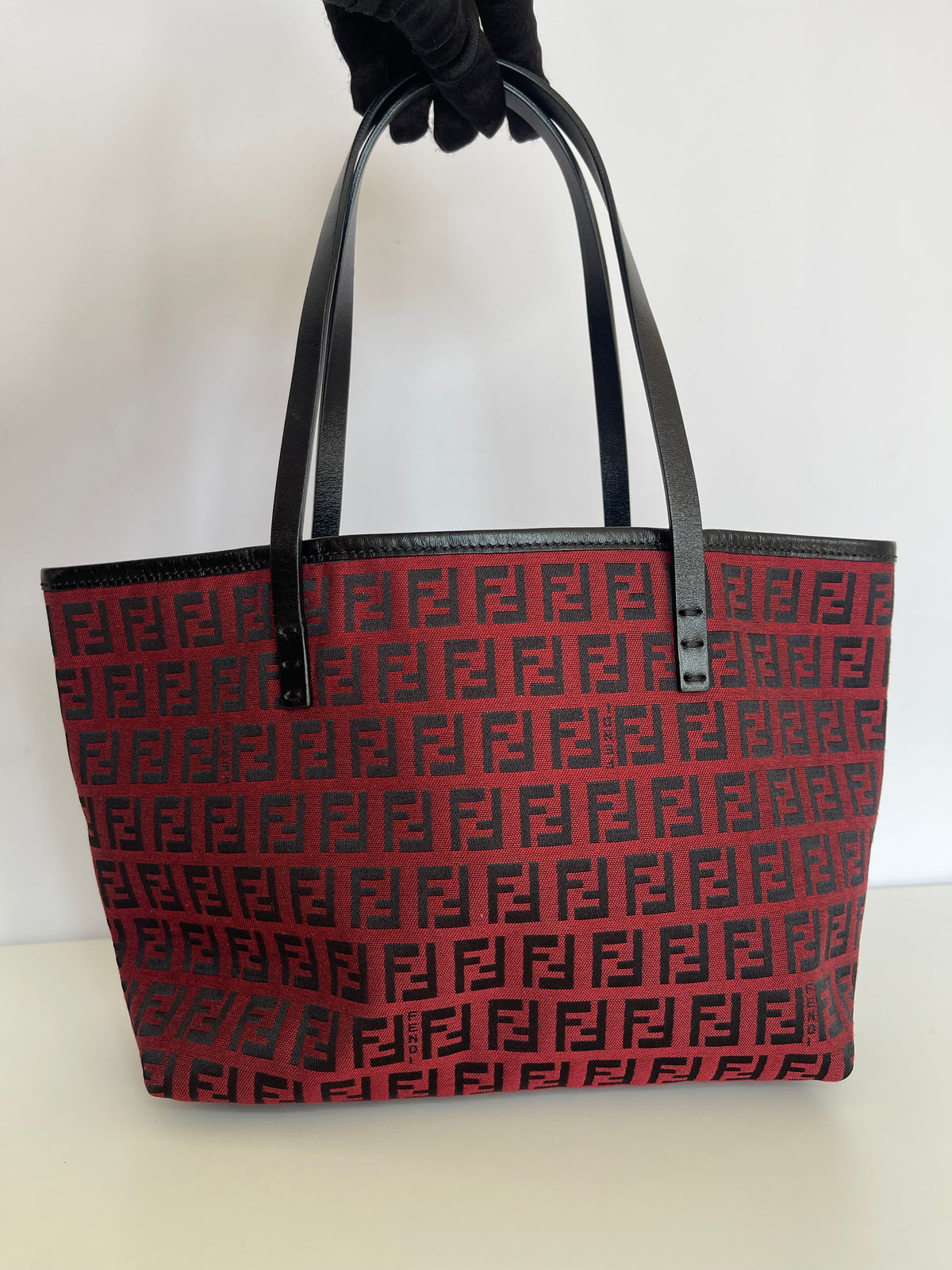 Fendi Red/Black Zucchino Canvas Mini Roll Tote with Pouch