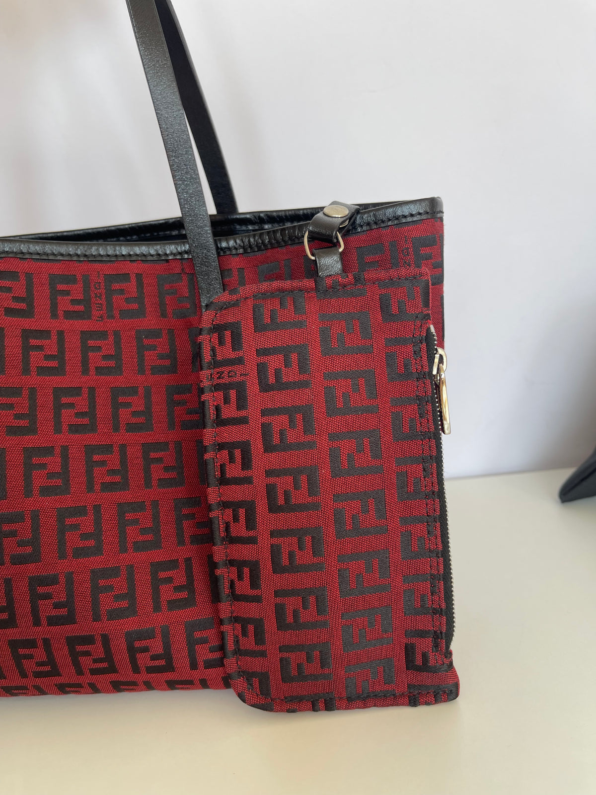 Fendi Red/Black Zucchino Canvas Mini Roll Tote with Pouch