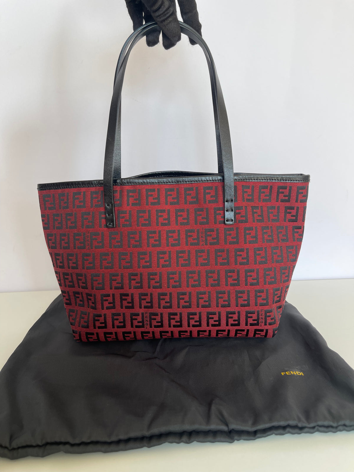 Fendi Red/Black Zucchino Canvas Mini Roll Tote with Pouch