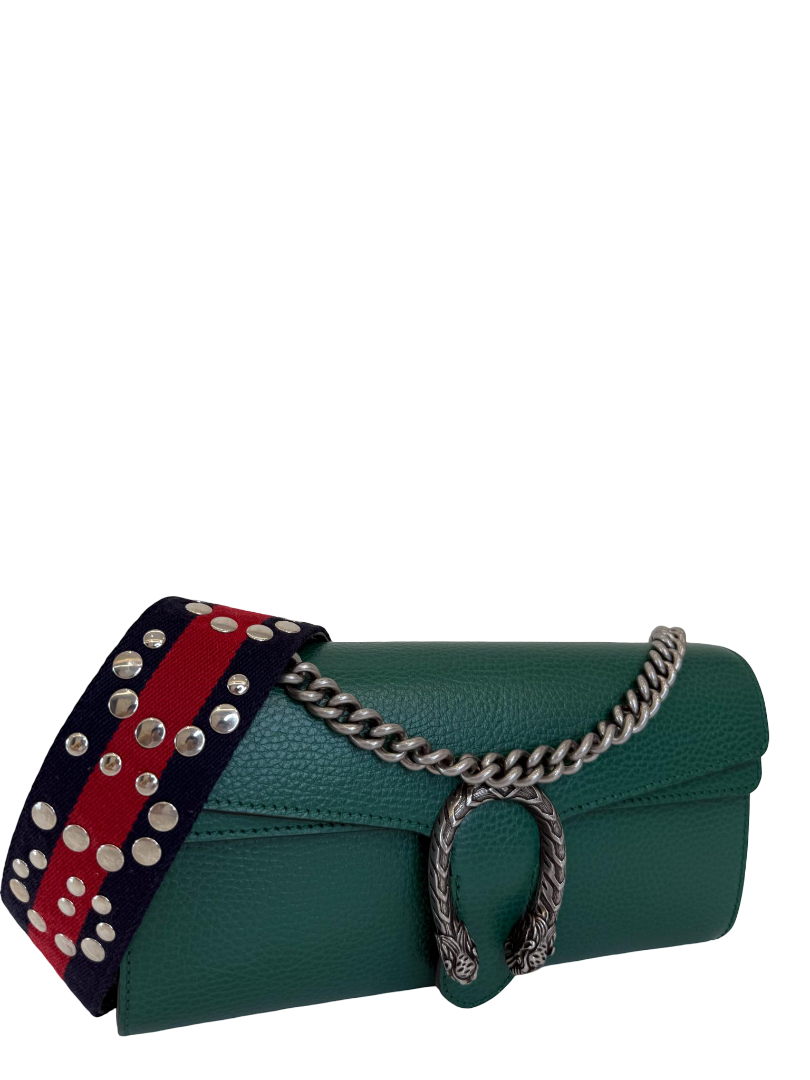 Gucci Dionysus East-West Small Emerald Leather Bag With Web Studded Strap