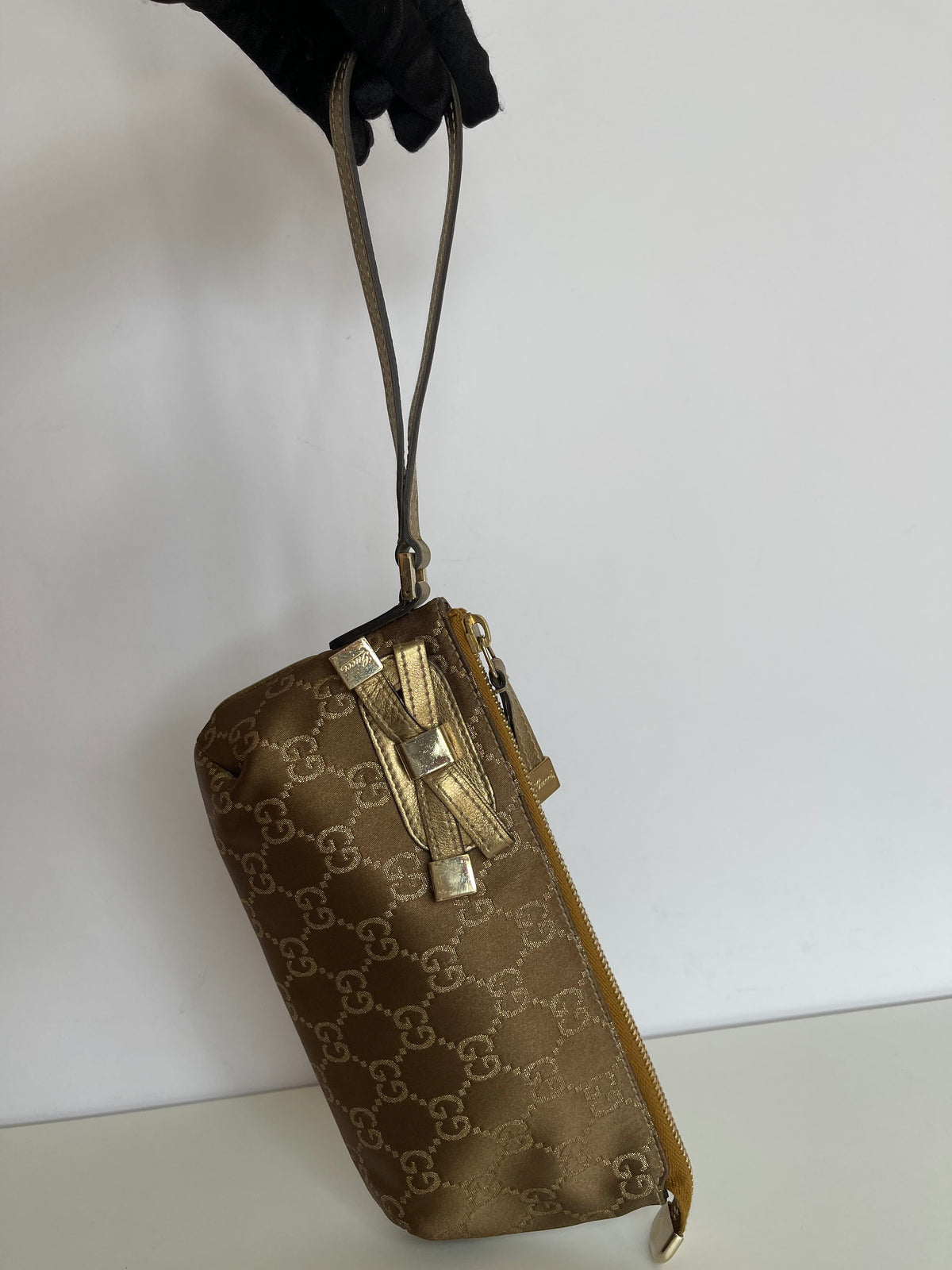 Gucci Brown GG Nylon and Leather Princy Wristlet Clutch