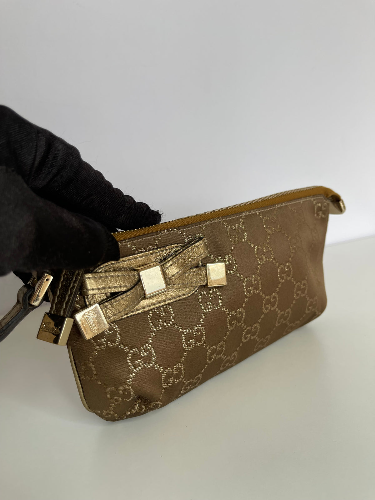 Gucci Brown GG Nylon and Leather Princy Wristlet Clutch