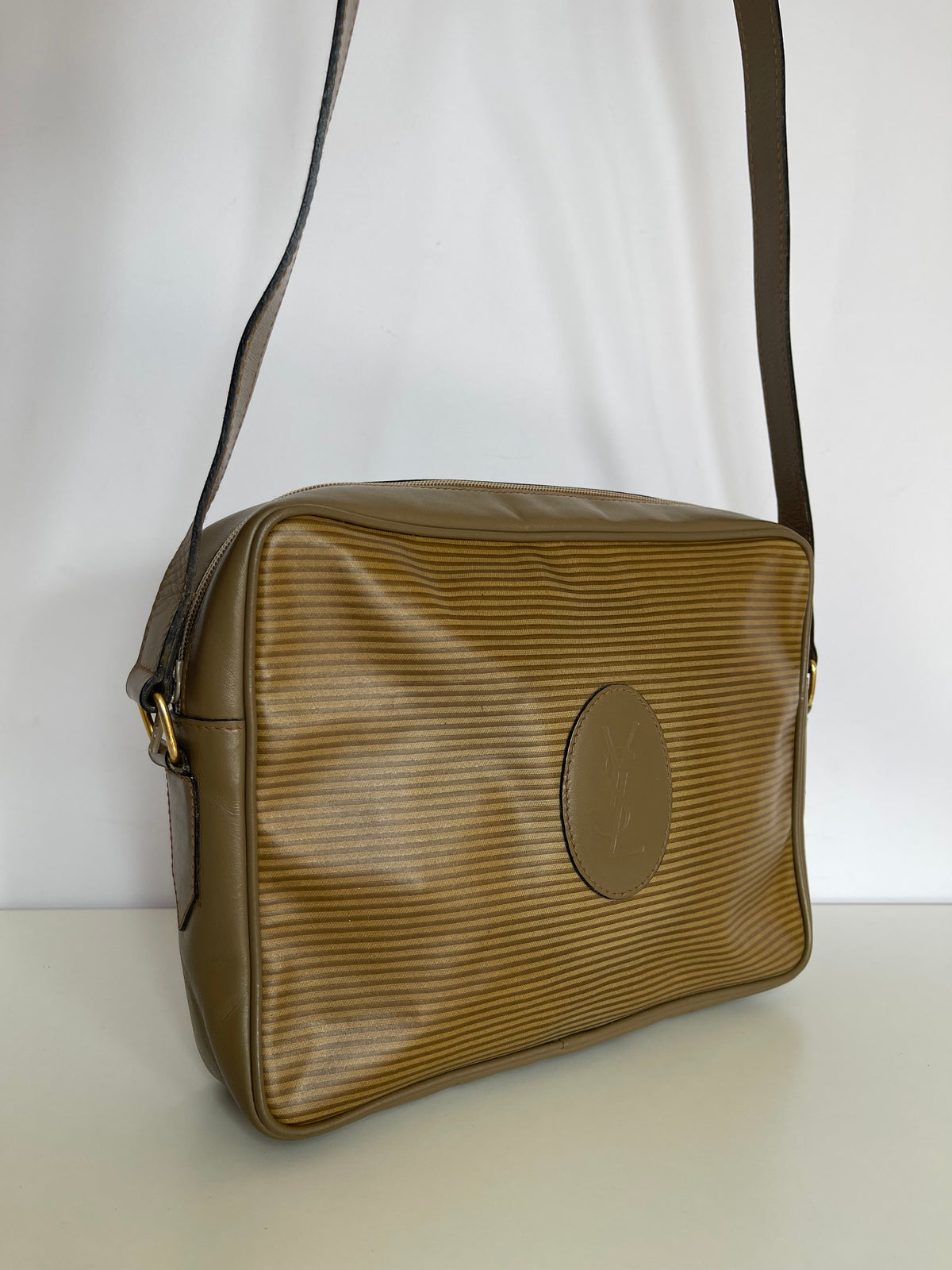 Yves Saint Laurent Striped Coated Canvas Shoulder Bag Beige