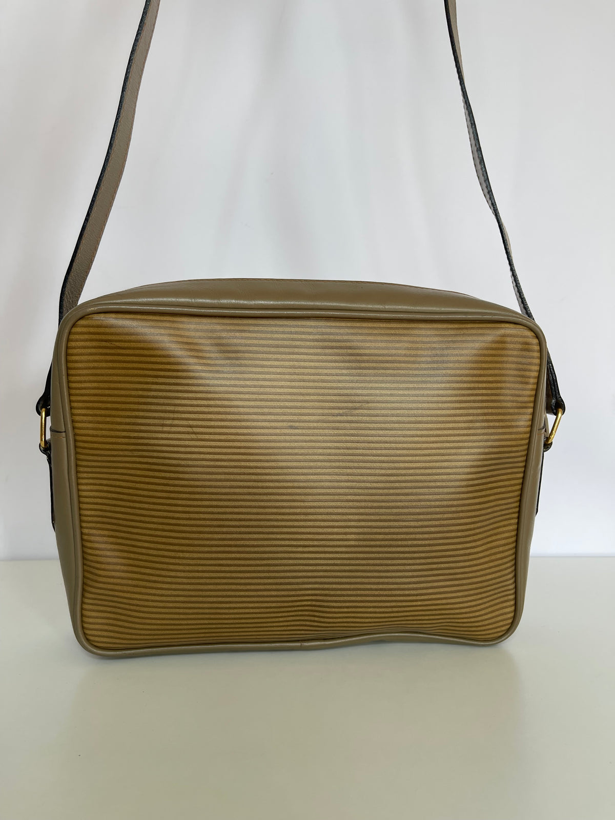 Yves Saint Laurent Striped Coated Canvas Shoulder Bag Beige