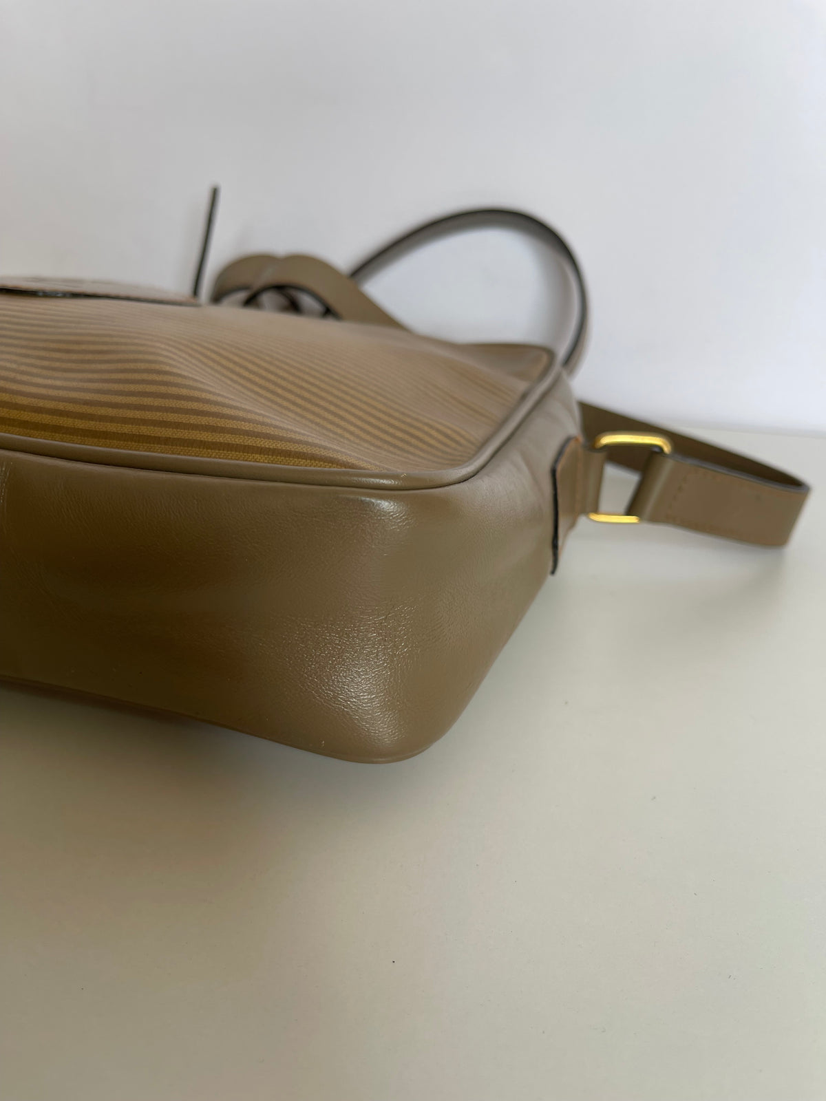 Yves Saint Laurent Striped Coated Canvas Shoulder Bag Beige