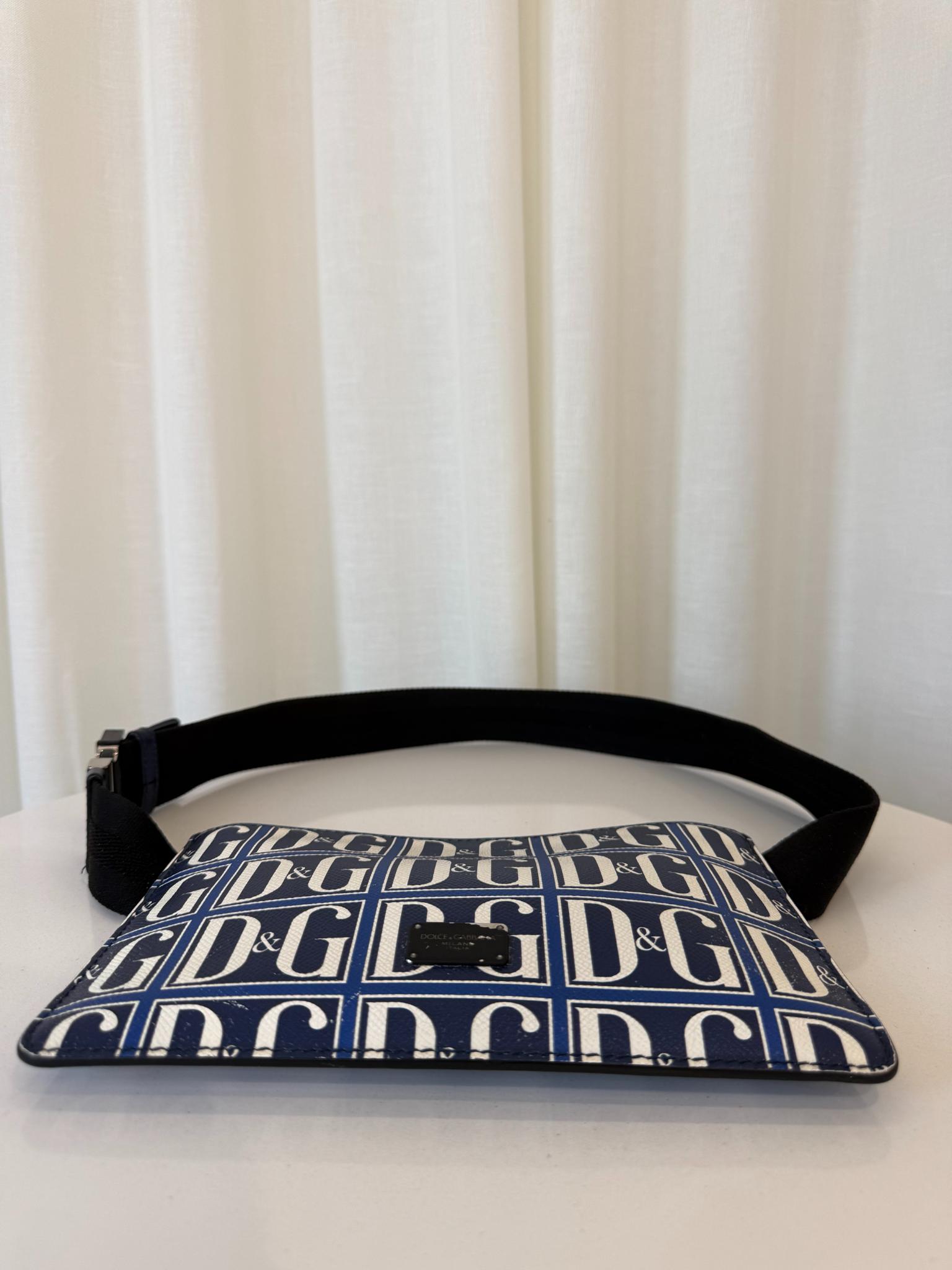 Dolce Gabbana DG Navy/White Grid Logo Print Men's Pouch