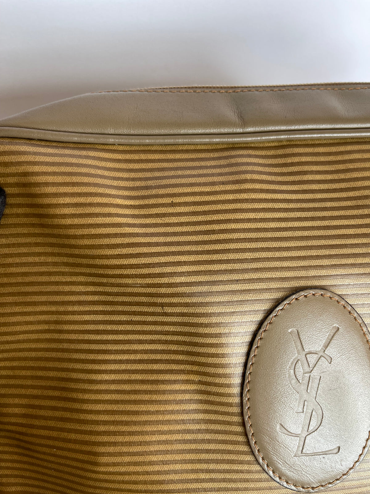 Yves Saint Laurent Striped Coated Canvas Shoulder Bag Beige