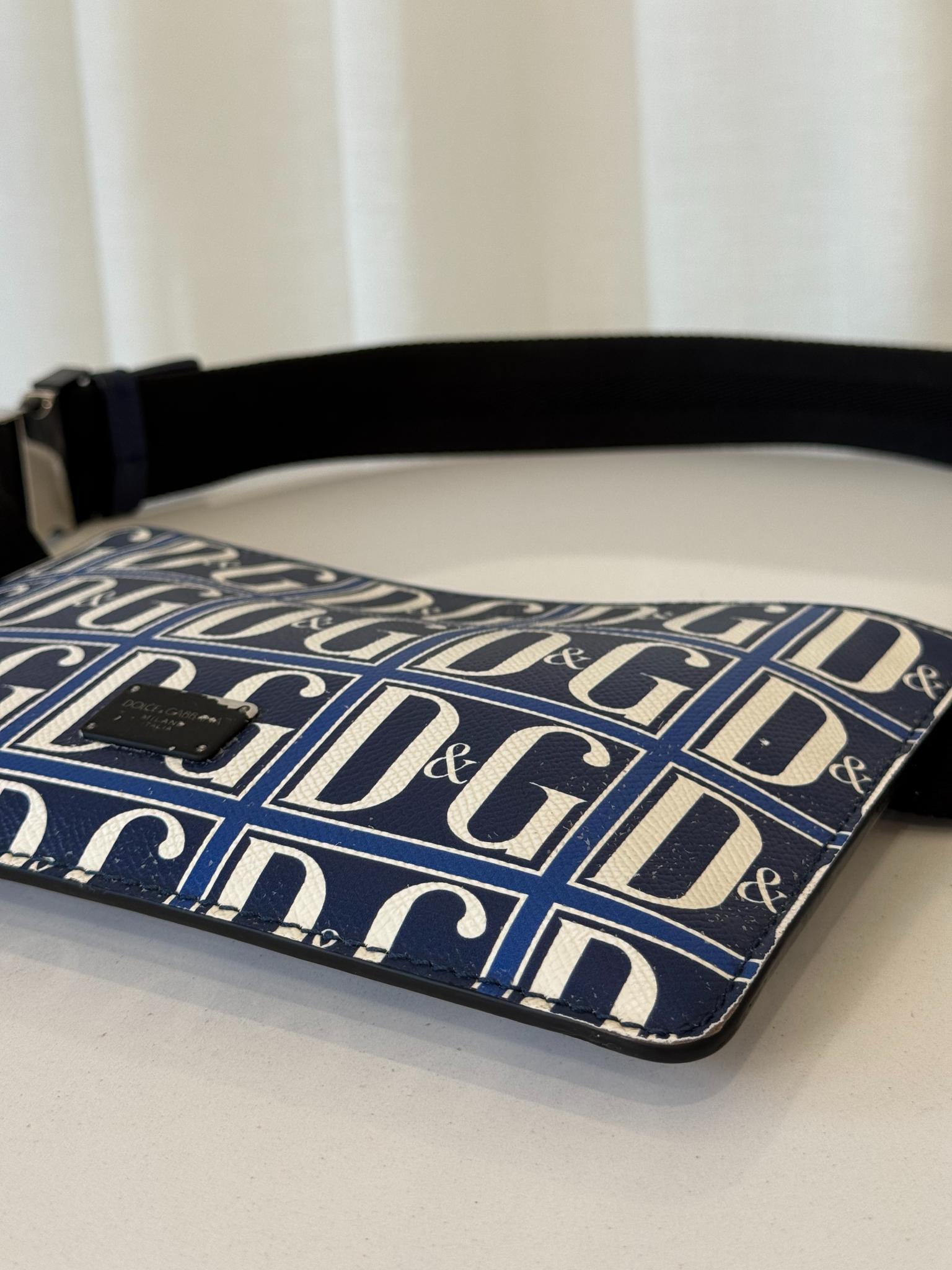 Dolce Gabbana DG Navy/White Grid Logo Print Men's Pouch