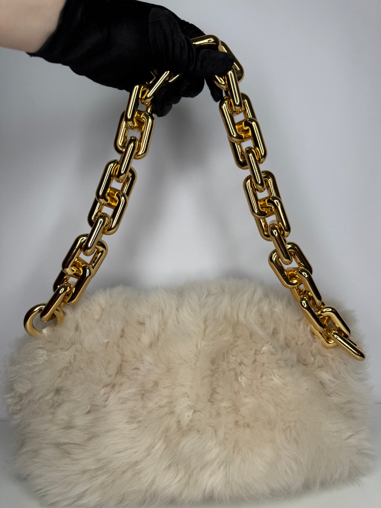 Bottega Veneta Shearling The Pouch Chain Beige