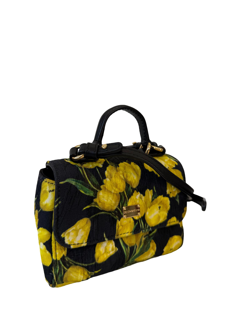 Dolce Gabbana Black/ Yellow Tulip Print Bambino Miss Sicily Top Handle Bag