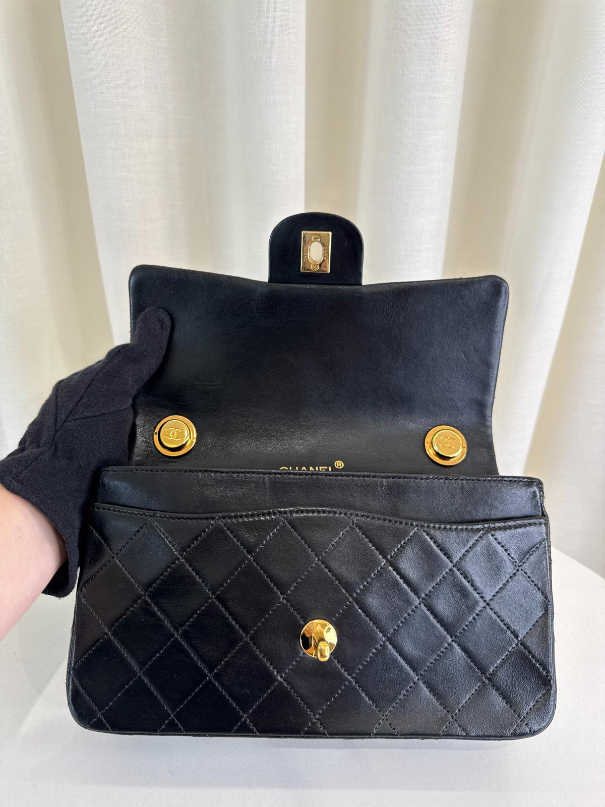 Chanel Classic Vintage Black Quilted Lambskin Leather Top Handle Chain Bag