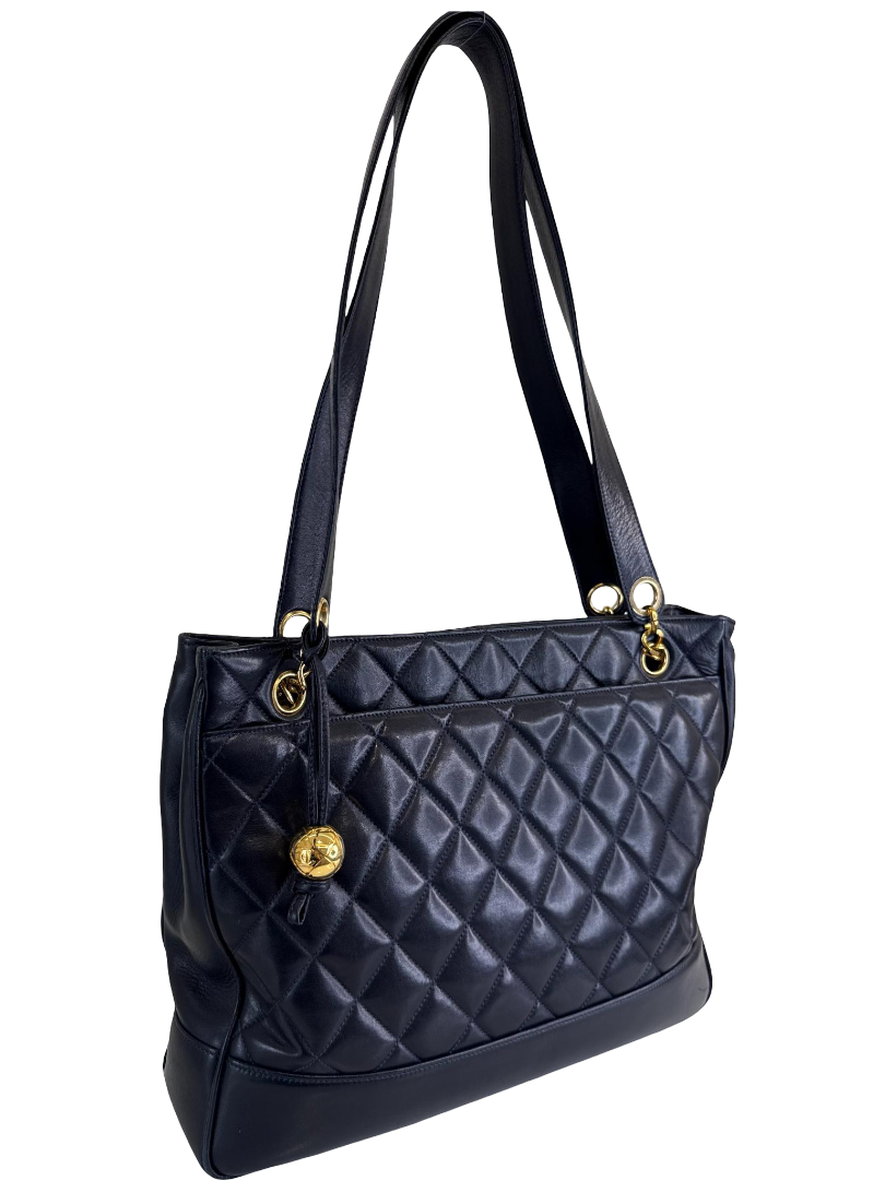 Chanel Vintage Black Quilted Lambskin Leather Chain Tote Bag