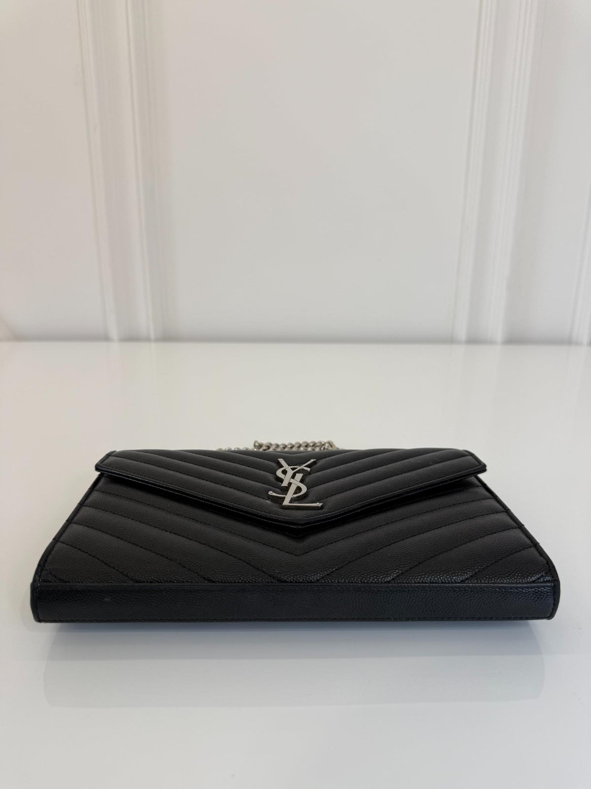 Saint Laurent Cassandre Envelope Black Grain De Poudre Leather Wallet on Chain