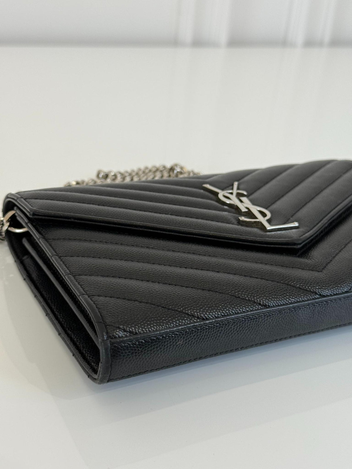 Saint Laurent Cassandre Envelope Black Grain De Poudre Leather Wallet on Chain