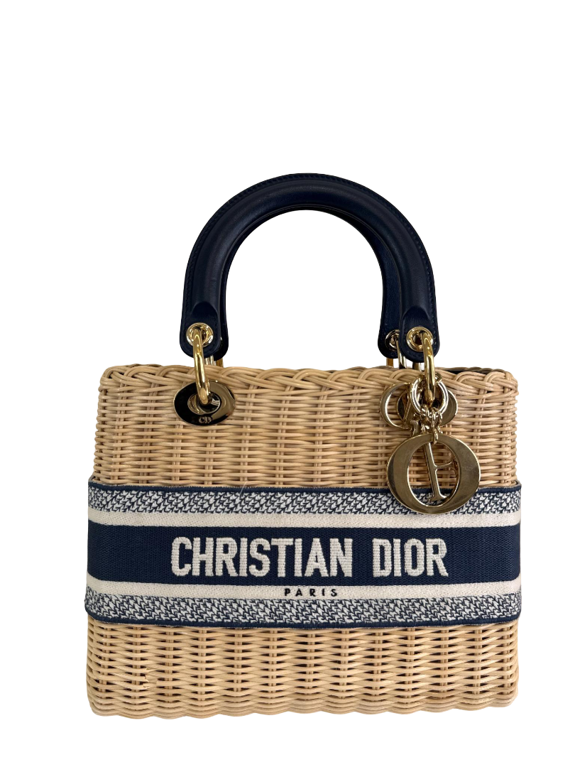 Christian Dior Natural Wicker/Blue Oblique Canvas Medium Lady Dior Bag