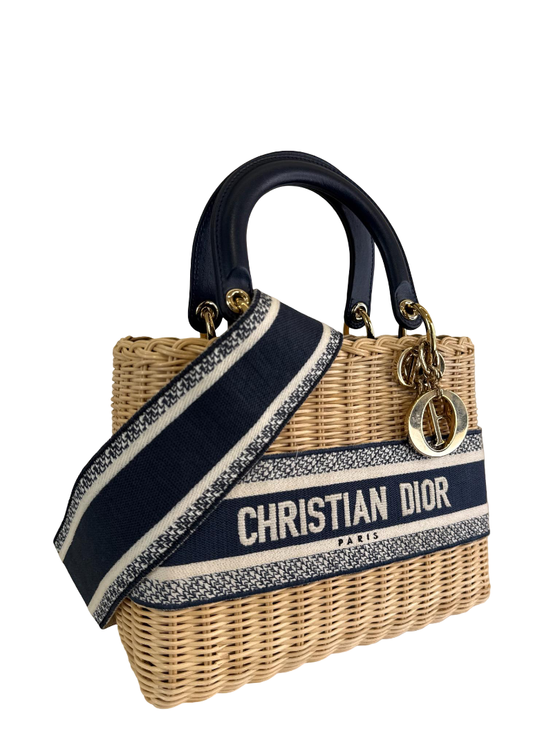 Christian Dior Natural Wicker/Blue Oblique Canvas Medium Lady Dior Bag
