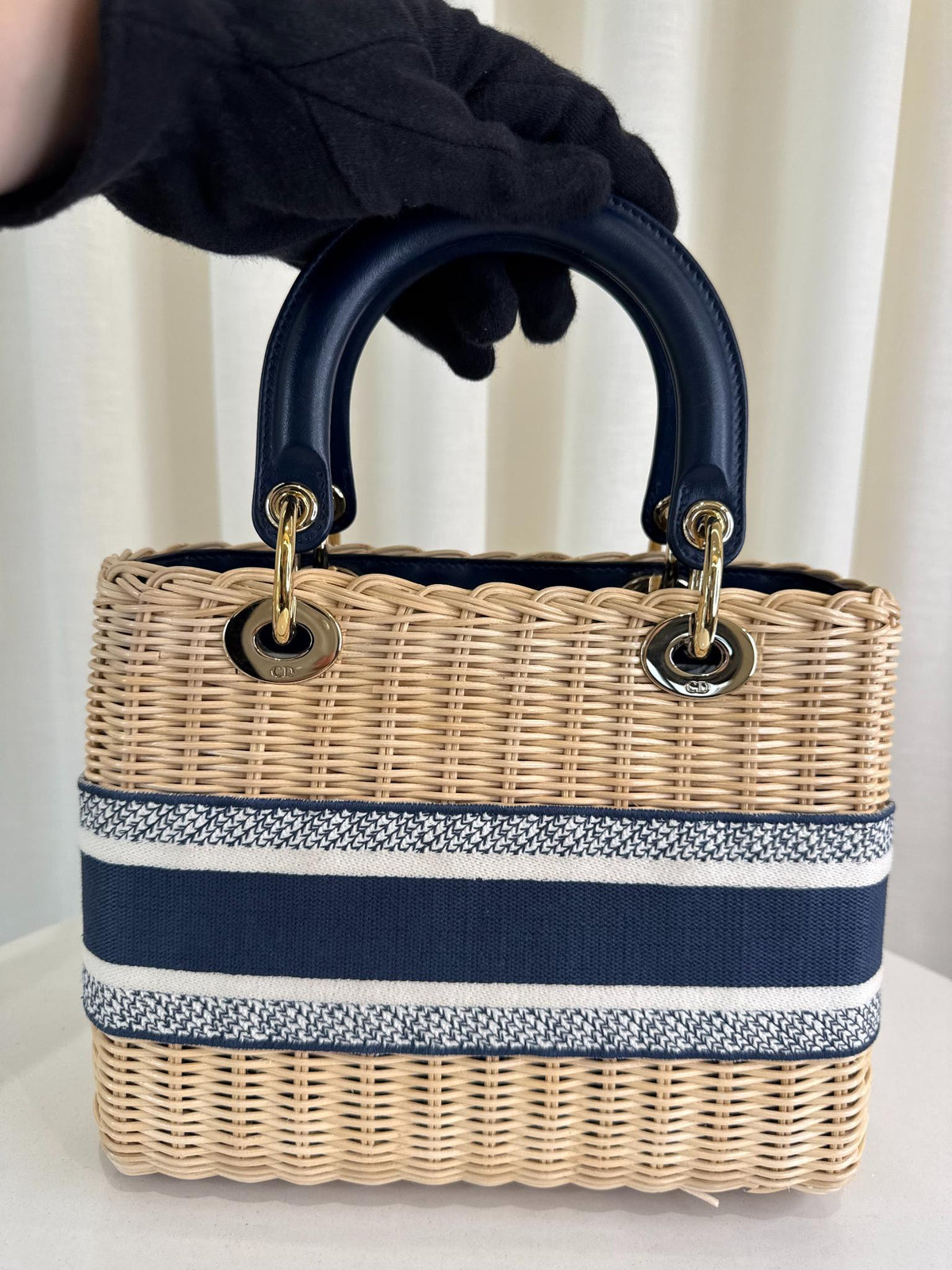 Christian Dior Natural Wicker/Blue Oblique Canvas Medium Lady Dior Bag