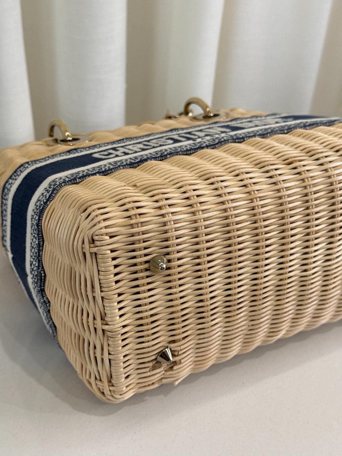 Christian Dior Natural Wicker/Blue Oblique Canvas Medium Lady Dior Bag