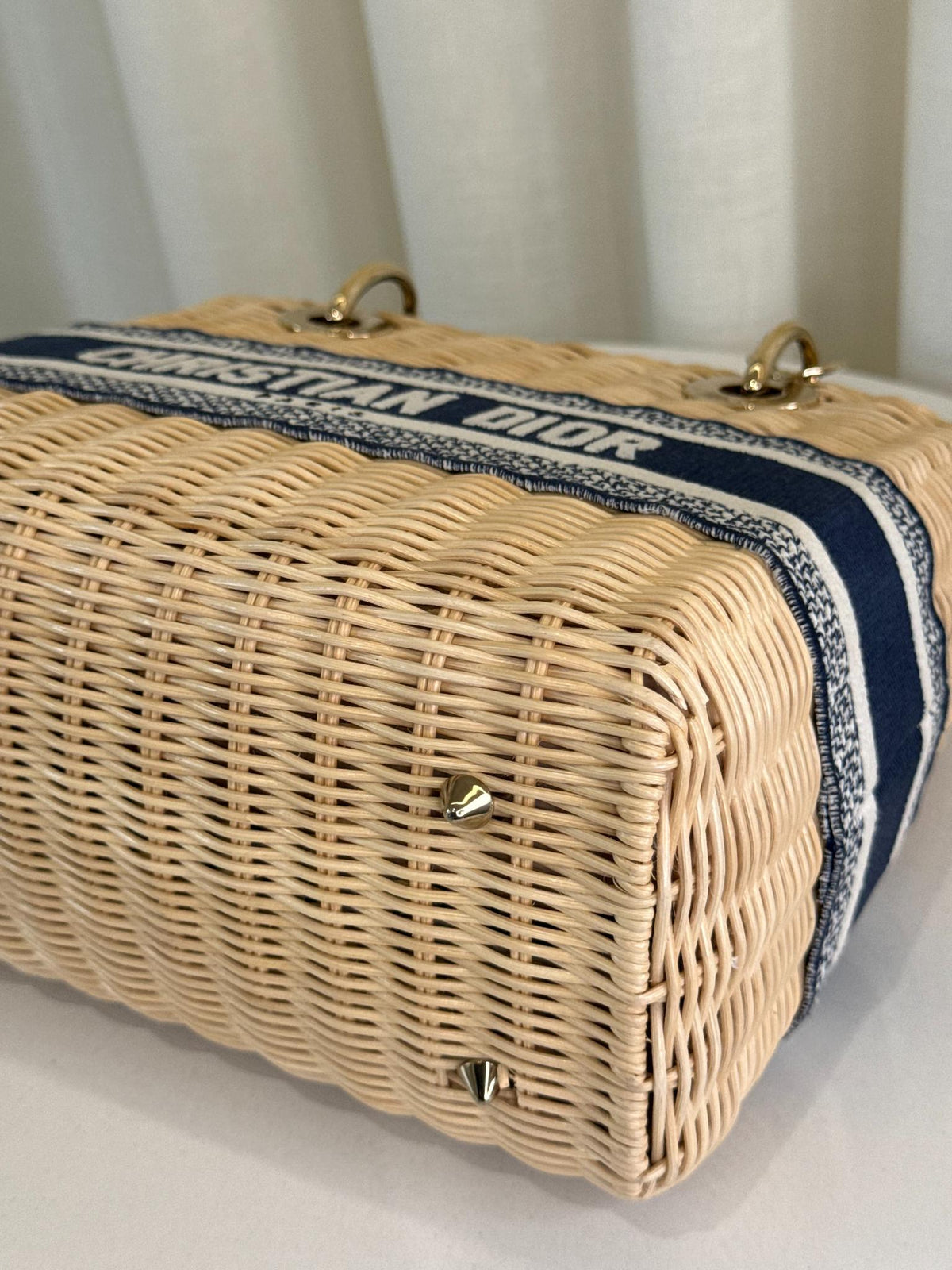 Christian Dior Natural Wicker/Blue Oblique Canvas Medium Lady Dior Bag