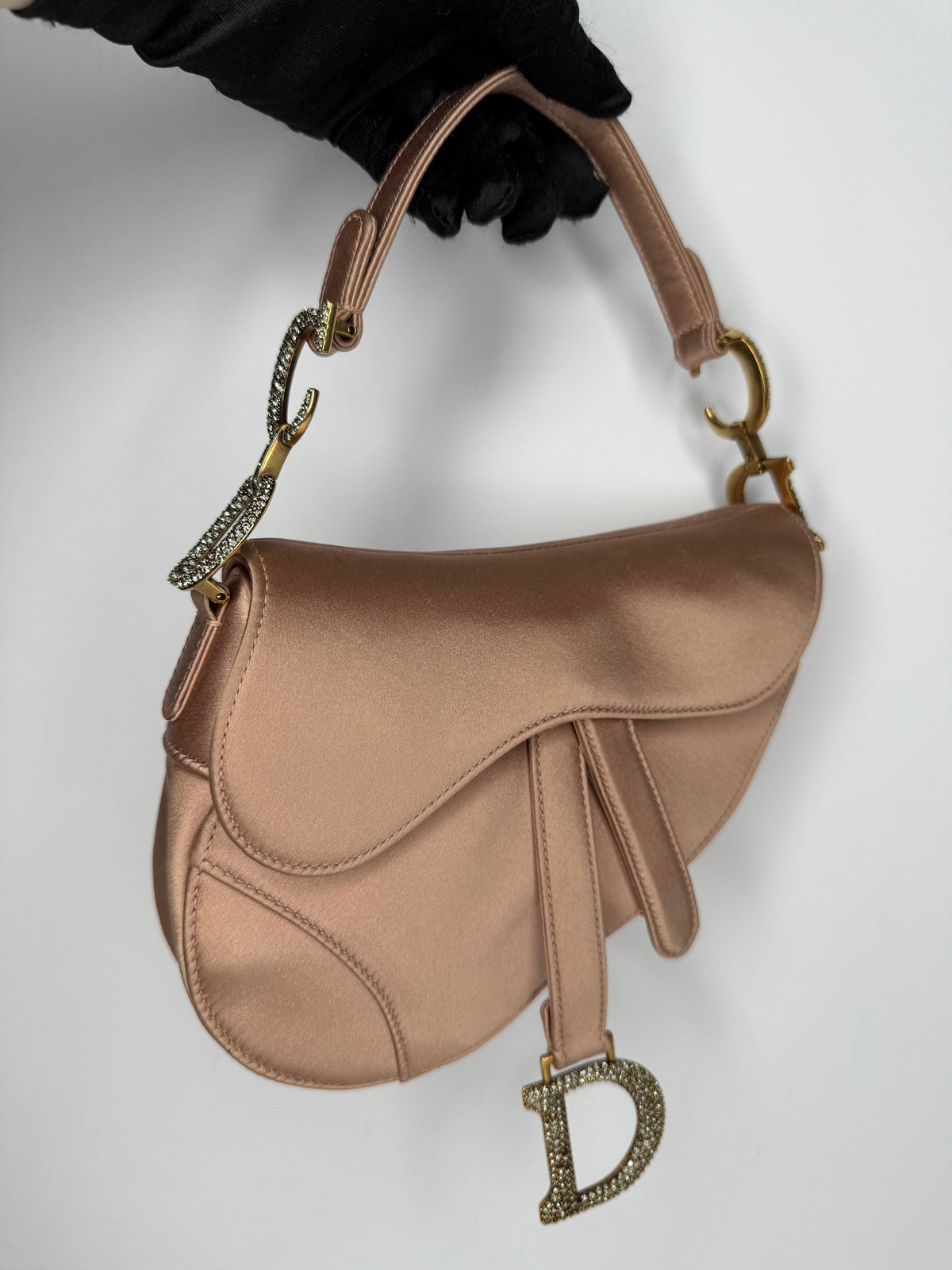 Christian Dior Satin Crystal Mini Saddle Bag Powder Beige