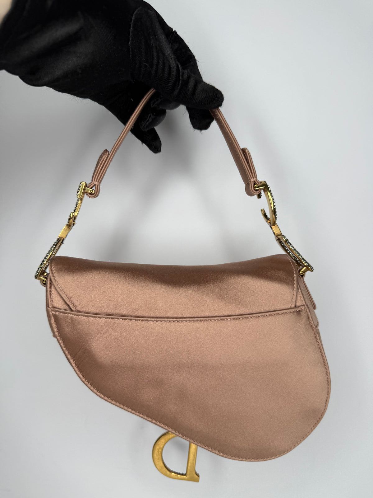 Christian Dior Satin Crystal Mini Saddle Bag Powder Beige
