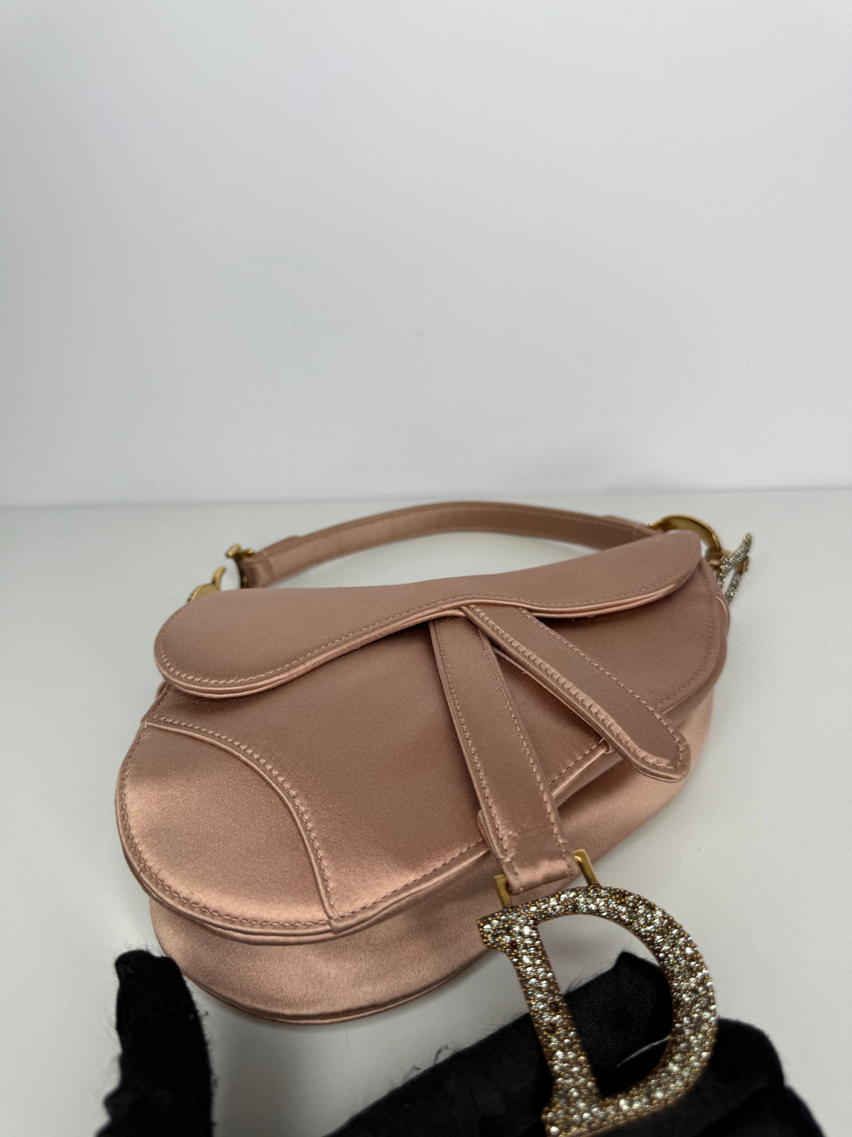 Christian Dior Satin Crystal Mini Saddle Bag Powder Beige